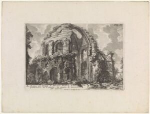  Etching by Giovanni Battista Piranesi depicting the crumbling ruins of the ancient Temple of Minerva Medica in varying shades of gray, with intricate details of broken columns and a partially collapsed dome against a softly shaded background suggesting sky and clouds.