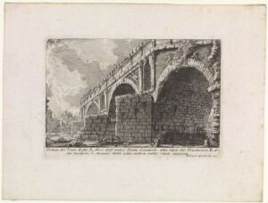  "View of the Ponte Rotto," an etching by Giovanni Battista Piranesi, depicting the remnants and single surviving arch of the ancient Roman bridge, Pons Aemilius, in a fine grayscale with detailed shadowing and varied textures to convey a sense of age and dilapidation against a backdrop of delicate clouds.