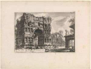  An etching by Giovanni Battista Piranesi titled "One of the two arches of Stertinius in the Forum Boarium," showcasing a detailed and shadowed Roman arch in ruins amidst other ancient structures, rendered in shades of gray on paper, capturing the essence of historical decay with dramatic light effects.