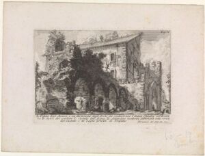  Etching by Giovanni Battista Piranesi titled "View of the remains of the arches which carried the Acqua Claudia along the Aventine," depicting ruined arches of an ancient aqueduct amongst overgrown foliage in a grayscale palette, showcasing a contrast between former architectural grandeur and natural decay.