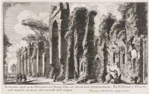  An etching by Giovanni Battista Piranesi titled "Remains of the Neronian Arches on the Caelian Hill," depicting a series of ancient, weathered arches in varying states of ruin with scattered figures of people for scale, rendered in fine lines and shades of gray.