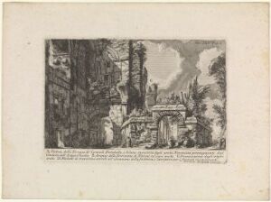  Etching by Giovanni Battista Piranesi titled "View of the Arches of the Consuls Dolabella and Silanus enclosed within the Neronian arches of the Acqua Claudia," depicting Roman architectural ruins with cascading arches, broken columns, and overgrown vegetation, rendered in shades of black and gray on paper.