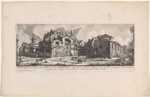  Etching by Giovanni Battista Piranesi, titled "View of the remains of the Baths of Diocletian and Maximian," showing the detailed ruins of an ancient Roman bath complex with large standing walls, arches, and scattered rubble in various shades of gray, created through meticulous line work and shadowing to convey texture and depth.