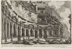  An etching by Giovanni Battista Piranesi, "View of part of the upper hemicycle of Trajan's Forum," featuring detailed Roman ruins with diminishing arches and architectural fragments, with a more intact multi-leveled structure above, in black and white, evoking the grandeur and decay of ancient Rome.