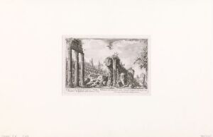  An etching titled "Remains of the Temple of Castor and Pollux" by Giovanni Battista Piranesi, depicting the resilient columns and ruins of the ancient temple surrounded by trees and foliage, under a sky filled with expressive clouds