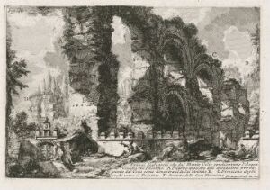  Black and white etching titled "Remains of the arches of the aqueduct which carried the Acqua Claudia" by Giovanni Battista Piranesi, depicting the ruins of an ancient aqueduct amidst a landscape with trees and small figures for scale, in exquisite grayscale detail.