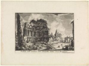  An etching by Giovanni Battista Piranesi titled "View of the remains of the peristyle of the House of Nero" on paper. The work shows an evocative scene of ancient Roman architectural ruins with various columns, arches, and remnants of buildings portrayed in detailed lines and shades of gray. The light source from the upper right creates a dramatic contrast between the illuminated and shaded portions of the structures.