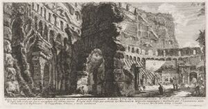  An etching titled "View of the interior of the Flavian Amphitheatre" by Giovanni Battista Piranesi, showcasing the detailed and textured ruins of the Colosseum with a dramatic contrast between the darkened interior foreground and the lighter arches and upper levels in the background, all presented in grayscale.