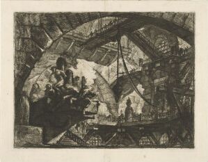  "Prisoners on a Projecting Platform" by Giovanni Battista Piranesi, an etching depicting a group of figures on a wooden platform in a vast, vaulted cavernous space with heavy arches and a dynamic interplay of shadow and light.