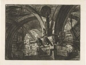  Etching by Giovanni Battista Piranesi titled "The Pier with a Lamp," depicting a cylindrical pier with a lamp atop, surrounded by dark, vaulted ceilings and archways in shades of black, white, and gray. The artwork conveys a sense of classic architectural grandeur through its dramatic use of light and shadow.