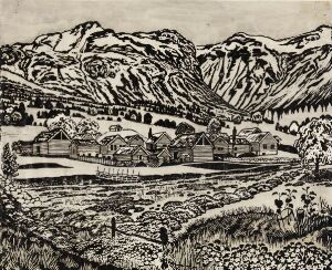  "Marsh-marigold Night" by Nikolai Astrup, a monochromatic print depicting a rural village with houses and a reflective body of water in the foreground, with rolling hills and rugged mountains in the background, all rendered in striking contrasts of dark and light.