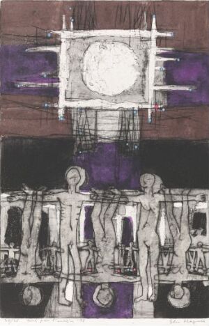  "System" by Else Hagen, an art piece showcasing abstract humanoid figures in a monochromatic middle band beneath a radiant, off-white circular form on a deep purple background, hinting at themes of industrialization and the interplay between humans and mechanical systems.