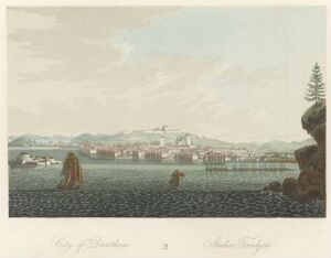  Early 19th-century color aquatint by John-William Edy titled "Boydell's Picturesque Scenery of Norway" displaying a tranquil Norwegian port town with pe