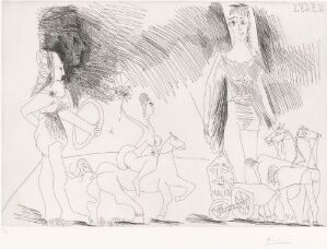  A monochromatic etching titled "Riders and Female Juggler" by Pablo Picasso, showing a large female figure to the right, presumably a juggler, with two male figures riding horses to the left, all depicted with expressive