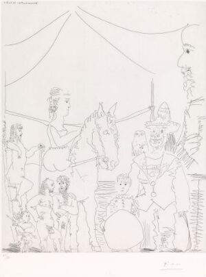  Etching by Pablo Picasso titled "På sirkus: Gruppe med beriderske og klovn" depicting a monochromatic circus scene with a female rider, a clown, and various performers under a tent, crafted with fine lines on white paper.