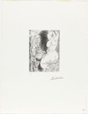  "Vieux peintre, modèle et spectateur," a black and white etching by Pablo Picasso featuring an elderly artist working on his art with a model present, while a spectator observes—the scene captured in Picasso's distinct line work and textural contrasts.