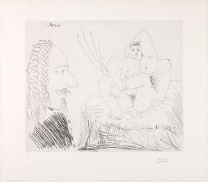  An etching by Pablo Picasso named "Courtisane au lit avec un visiteur", depicting an intimate scene between a reclining female figure, likely a courtesan, on the right and a bearded male figure, probably a visitor, on the left, both drawn with minimalist black lines on a white background.