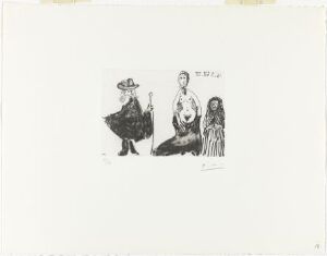  "Jeune fille, célestine et petit-mâitre" by Pablo Picasso, an etching on paper depicting three figures side by side in monochromatic black on white paper, with the left figure in a wide-brimmed hat and a cloak, the center figure standing erect and facing forward, and the right figure a young female with textured hair and a patterned dress.