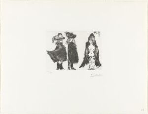  "Cavalier et son valet, et jeune fille vêtue d'une mante," a black and white Pablo Picasso etching on paper, featuring three figures: a confident knight with a feathered hat and cloak, a servant holding the cloak, and a young girl in a layered mantle, all set against a blank background.