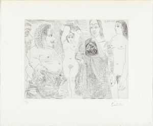  "Client bedonnant chez la célestine," an etching by Pablo Picasso, depicting a corpulent male figure surrounded by multiple female figures in various poses, executed with delicate monochrome line work on light-colored paper.