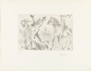  "Enlèvement" by Pablo Picasso is a monochromatic drypoint and scraper print on paper, depicting an abstract scene with intertwined human figures suggested by fluid and scratchy lines, conveying a sense of dynamic motion and interaction.