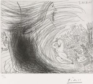  An etching by Pablo Picasso titled "En herres drøm: Å overraske kunstneren mens han maler på sin modell," predominantly in black and white, featuring abstract swirling lines on the left and a detailed central figure with varied line work, creating textural contrasts within the monochromatic scheme.