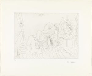  Monochrome etching titled "Rafael og La Fornarina II: Med en skjult kikker" by Pablo Picasso, depicting an abstract interpretation of an intimate scene between Raphael and La Fornarina with an implication of a hidden observer, rendered in a delicate interplay of lines on paper.