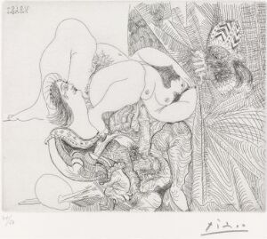  A black and white etching by Pablo Picasso titled "Rafael og La Fornarina III: Med paven som skjult kikker," depicting two abstracted figures in an intimate embrace with a voyeuristic figure partially concealed by textured patterns on the right. The image showcases Picasso's mastery of line and shadow on paper.