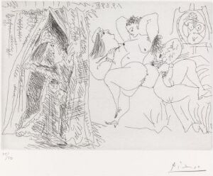  A black and white etching by Pablo Picasso titled "Rafael og La Fornarina VIII: Paven kommer inn med et sleskt smil," featuring a complex gothic-like arch on the left, a seated woman with crossed legs in the center, and a slyly smiling figure to the right, all conveyed in expressive lines on paper.