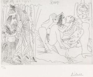  A black and white etching titled "Rafael og La Fornarina IX: Paven kommer" by Pablo Picasso, featuring two figures in an intimate embrace with minimal surrounding detail, exemplifying Picasso's line-based style with expressive, confident strokes on paper.