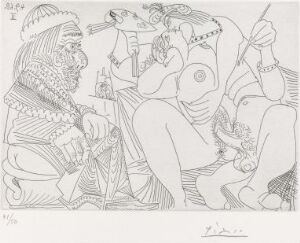  Black and white etching by Pablo Picasso titled "Rafael og La Fornarina XVI: Paven sitter fortsatt på potte, tenksom" depicting a thoughtful, pope-like figure on the left with an ornate headdress, and to the right, a second, more voluptuous figure in a contemplative interaction, with a rich tapestry of lines indicating intricate details and possible narrative elements.