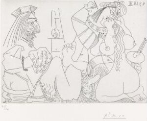  Black and white Pablo Picasso etching titled "Rafael og La Fornarina XVII: En kardinal sitter på potte, koser seg og ler" depicting a smirking cardinal sitting on the left and a voluptuous female figure, presumably La Fornarina, with closed eyes holding a string instrument on the right. Sparse