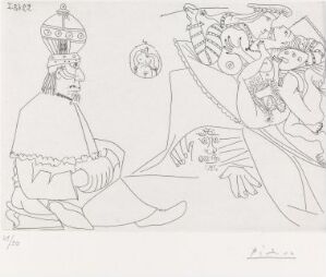  A monochromatic etching by Pablo Picasso titled "Rafael og La Fornarina XIX: Paven på potten sin, med tiara og muffe; Michelangelo er gjemt under sengen," featuring a profiled pope seated on a pot to the left, and an intricate, abstract scene of figures beneath a bed to the right, with lines suggesting patterns and details on the garments and figures.