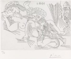  Black and white etching on paper titled "Rafael og La Fornarina XX: Paven går sin vei" by Pablo Picasso, featuring abstract nude figures in a surreal composition with a suggestion of narrative, highlighting the cubist and abstract style of the artist