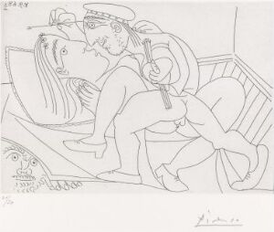  A black and white etching by Pablo Picasso titled "Rafael og La Fornarina XXI: Michelangelo er gjemt under sengen" featuring two stylized figures in an intimate embrace, with a surprised figure peeking from beneath the bed in the background.