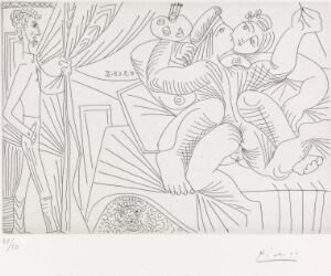  Black and white etching by Pablo Picasso titled "Rafael og La Fornarina XXII: Michelangelo under sengen; inn kommer Piero Crommelynck", featuring abstract and overlapping figures in a dynamic composition, with a mix of representational and cubist influences.