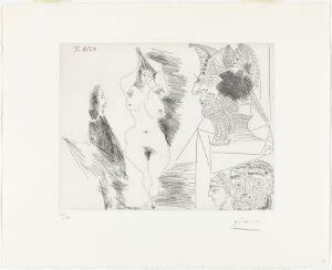  A black and white etching by Pablo Picasso titled "Jeune femme et gentilhomme; sculpture égyptienne au socle peint" featuring abstract figures in a composition that reflects the artist's cubist style, executed on paper with distinctive lines and contrasts.