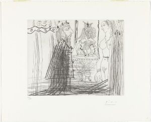  Monochromatic drypoint etching titled "Scène biblique (David et Bethsabée?) avec bouffon au chapeau à deux cornes" by Pablo Picasso, featuring a male figure in a draped cloak on the left, a partially undressed female figure on the right