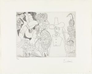  "Télévision: Quaker, peau-rouge, écuyère" by Pablo Picasso, a black and white etching on paper featuring a complex arrangement of abstracted figures including a Quaker, a Native American in a feathered headdress, an equestrian female figure, and various other stylized characters, executed in various line weights to add depth and texture.