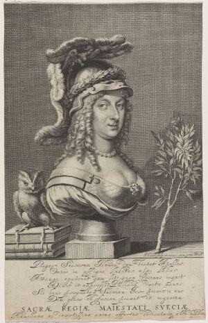  An engraved artwork titled "Christina of Sweden as Minerva" by Jeremias Falck, depicting a regal woman in the guise of Minerva with an elaborate helmet and breastplate, carrying classical iconography and an owl figure on her headgear, with fine lines creating a realistic grayscale image.