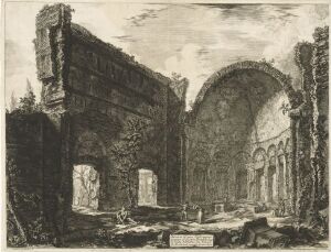  An etching by Giovanni Battista Piranesi titled "Remains of a room belonging to the Praetorian Fort at Hadrian's Villa," depicting the ruins of a Roman structure with scattered stone blocks in the foreground, a partial wall with a doorway on the left, and a row of towering arches on the right, all rendered in shades of gray to show depth and texture.