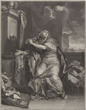  "Den angrende Maria Magdalena" by Gérard Edelinck, a detailed copper engraving on paper, depicting a sorrowful Mary Magdalene clad in classical drapery, gazing heavenwards in a moment of repentance, with a nuanced grayscale palette showing expert contrasts of light and shadow.