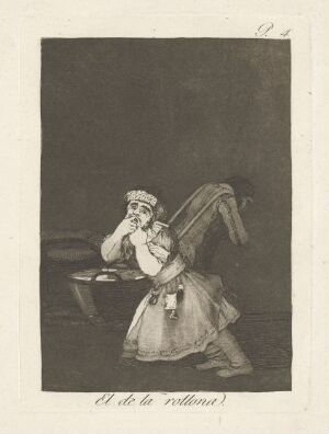  An etching by Francisco de Goya titled "Nanny's boy" depicting an elderly woman, possibly a nanny, walking while carrying a thumb-sucking infant in her arms. The detailed black and white artwork uses shades of gray to highlight textures and expressions, suggesting a traditional setting and attire.