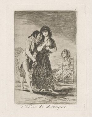  Black and white etching by Francisco de Goya titled "Even thus he cannot make her out," depicting a man and woman in a close encounter, with the woman's expression partially visible while a second woman observes them from the side. The scene conveys drama and intimacy with a background that fades into shadows.