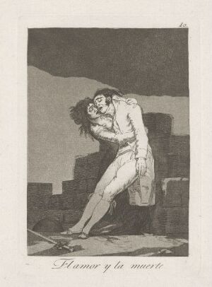  "Love and Death" by Francisco de Goya, a monochromatic etching showing an emotionally charged scene with two figures in a tight embrace, suggesting themes of love and mortality, executed with subtle gradations of grey shading.