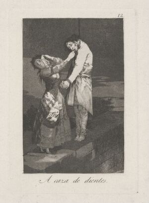  A monochrome etching by Francisco de Goya titled "Out hunting for teeth" depicting a young figure standing on an elevated surface reaching into the mouth of a hunched older figure, against a shaded background suggesting a somber ambiance.