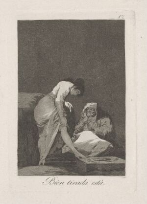  An etching by Francisco de Goya titled "It is nicely stretched", depicting a figure bending over to smooth out a white sheet on a flat surface, under the watchful eye of a shadowy figure in the background, rendered in grayscale with rich contrasts and intricate details.