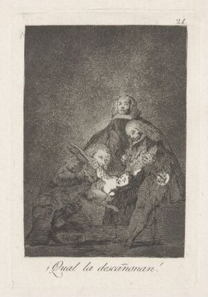  An etching by Francisco de Goya titled "How they pluck her!" featuring a monochromatic scene with three figures, a central woman being metaphorically 'plucked' by two menacing characters on either side, depicted in shades of black and grey, symbolizing a dark and somber critique of power and corruption.