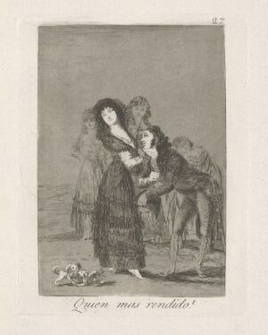  Etching by Francisco de Goya titled "Which of them is the more overcome?" showing two women supporting a man who appears to be faint or inebriated, with another woman observing from the background. The artwork is rendered in shades of gray with detailed linework and shading, depicting the figures in a state of weariness against a minimalistic backdrop.