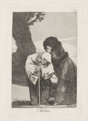  "Hush" by Francisco de Goya, a monochromatic etching of two figures, one older leaning on a cane, and another offering solace, framed by a dark tree, capturing a mood of somber reflection.